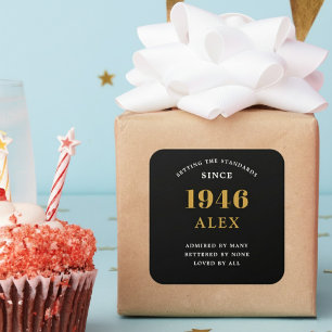 80th Birthday Name 1946 Black Gold Elegant Chic Square Sticker