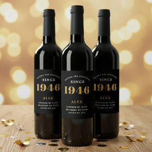 80th Birthday Name 1946 Black Gold Elegant Chic Wine Label