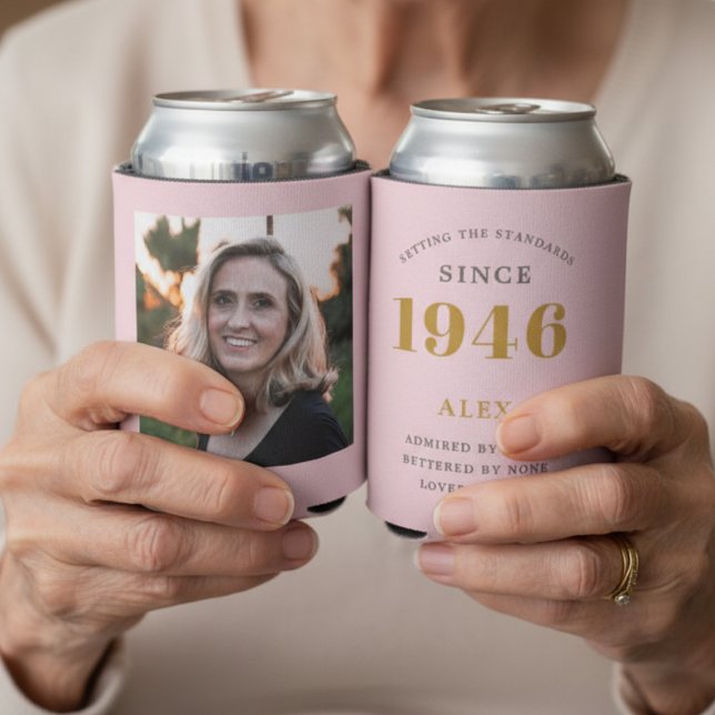 80th Birthday Name 1946 Chic Pink Grey Photo Can Cooler (Pink 1946 personalized can coolers showing both sides.)