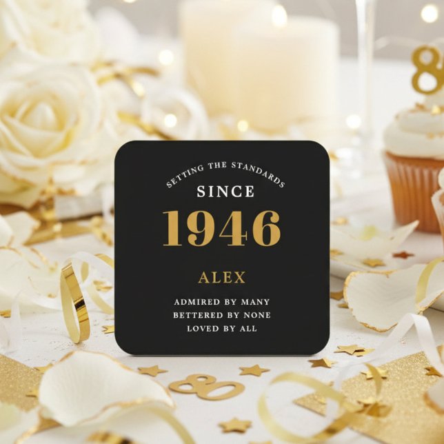 80th Birthday Name 1946 Year Black Gold Custom Square Paper Coaster (1946 black and gold coaster. White and gold background.)