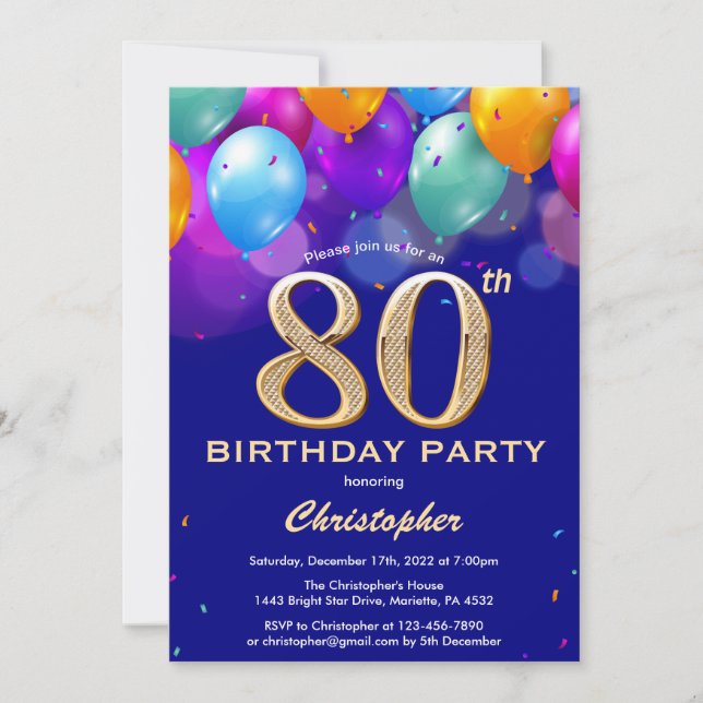 80th Birthday Navy Blue and Gold Colourful Balloon Invitation (Front)