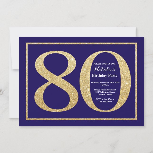 80th Birthday Navy Blue and Gold Glitter Invitation (Front)