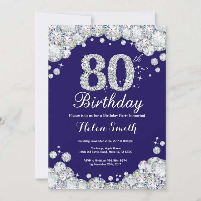 80th Birthday Navy Blue and Silver Diamond Invitation (Front)