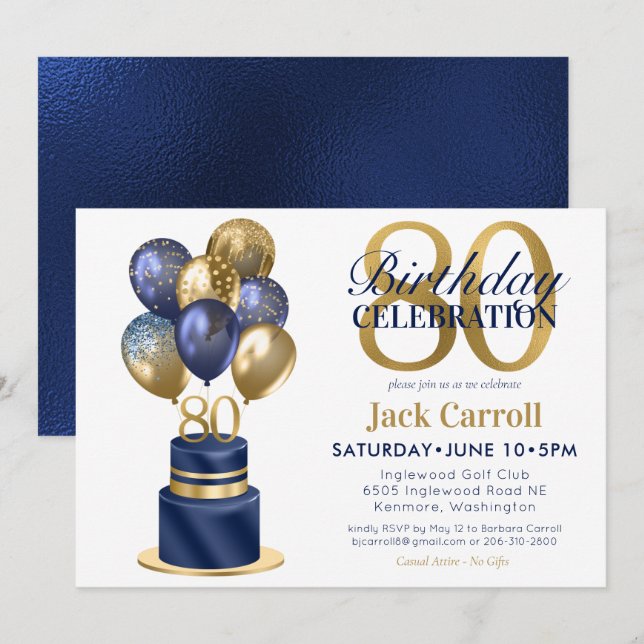80th Birthday Navy Blue Balloon Cake Invitation (Front/Back)