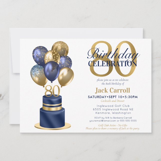 80th Birthday Navy Blue Balloon Cake Invitation (Front)