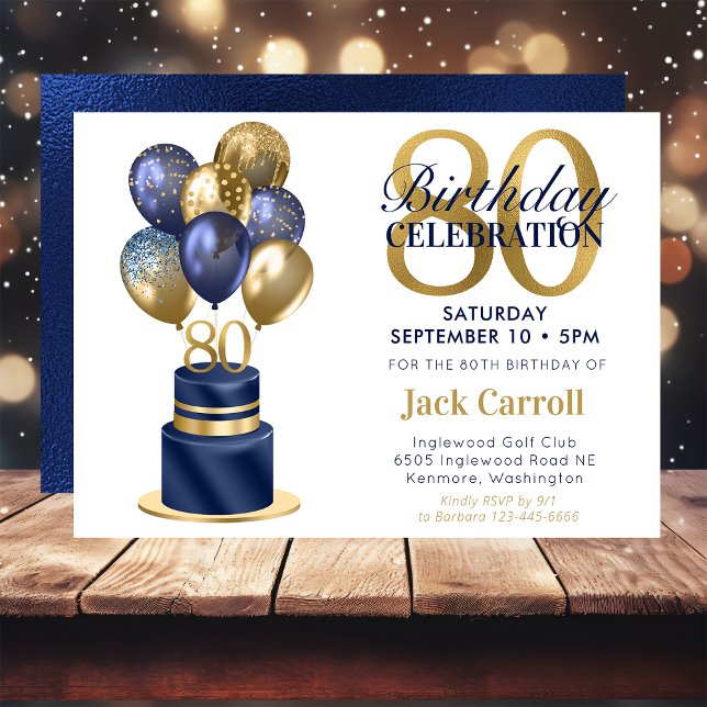 80th Birthday Navy Blue Balloon Cake Invitation (Creator Uploaded)