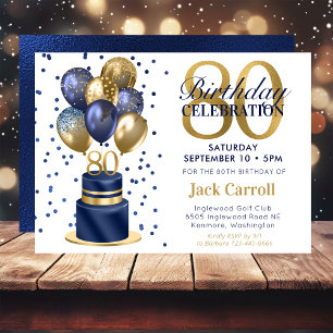 80th Birthday Navy Blue Balloon Cake Invitation