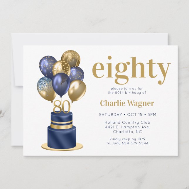 80th Birthday Navy Blue Balloon Cake Invitation (Front)