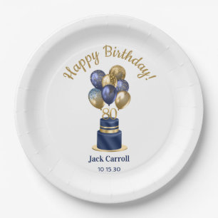 80th Birthday Navy Blue Balloon Cake Paper Plate