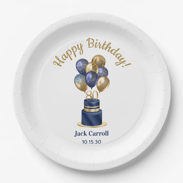 80th Birthday Navy Blue Balloon Cake Paper Plate (Front)