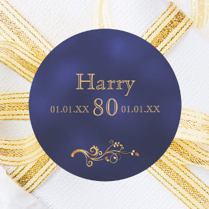 80th birthday navy blue gold name guy classic round sticker