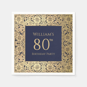 80th Birthday Navy Blue Gold Roses Elegant Vintage Napkin