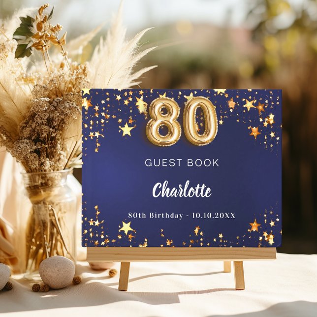 80th Birthday navy blue gold stars Guest Book (Creator Uploaded)