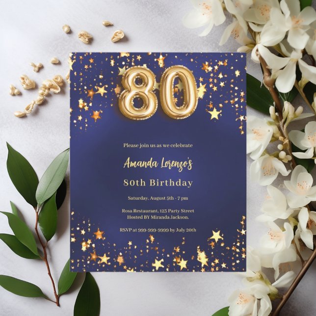 80th birthday navy blue gold stars invitation (Creator Uploaded)