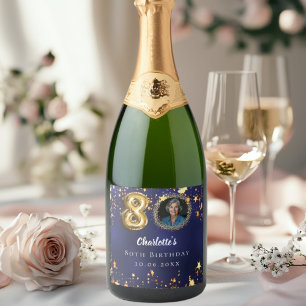 80th birthday navy blue gold stars photo sparkling wine label