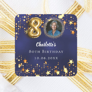 80th birthday navy blue gold stars photo square sticker