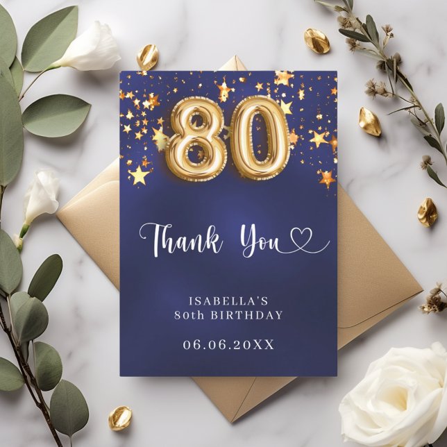 80th birthday navy blue gold stars thank you card (Creator Uploaded)