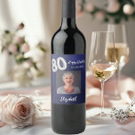 80th Birthday navy blue photo Wine Label<br><div class="desc">A navy blue background.  The blue colour is uneven. Personalise and add a date,  name and a photo.  Age number written with a faux silver looking balloon style font.</div>