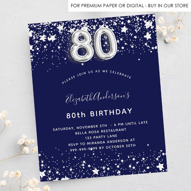 80th birthday navy blue silver budget invitation flyer (Creator Uploaded)