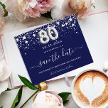 80th birthday navy blue silver save date budget flyer<br><div class="desc">Please note that this Save the date is on flyer paper and very thin. Envelopes are not included. For thicker Save the Date card (same design) please visit our store. A trendy Save the Date for a 80th birthday party. A navy blue coloured background. Decorated with faux silver stars. The...</div>