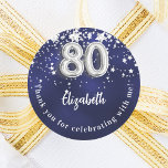 80th birthday navy blue silver stars classic round sticker<br><div class="desc">A sticker for a 80th birthday celebration. A navy blue background colour with faux silver stars. The blue colour is uneven.  Add your name,  text. Text: Thank you for celebrating with me!</div>