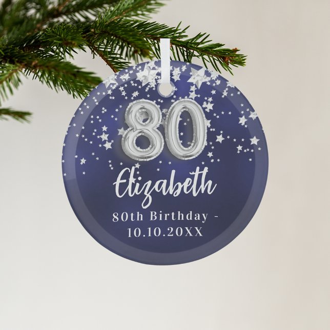 80th birthday navy blue silver stars glass tree decoration (Creator Uploaded)