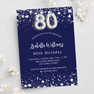 80th birthday navy blue silver stars invitation