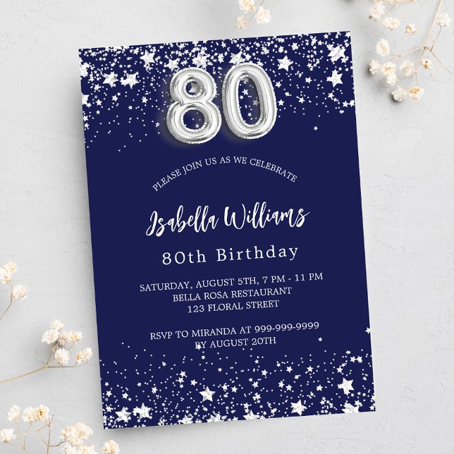 80th birthday navy blue silver stars luxury invitation (Creator Uploaded)