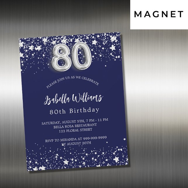 80th birthday navy blue silver stars luxury magnetic invitation (Creator Uploaded)