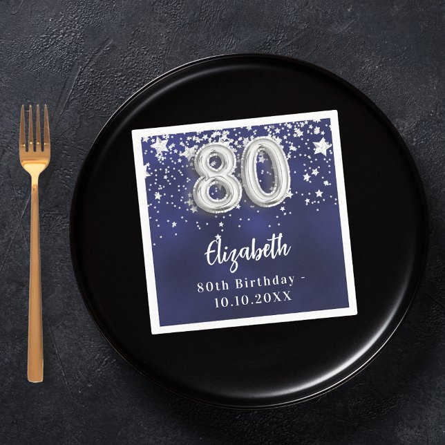 80th birthday navy blue silver stars napkin (Creator Uploaded)