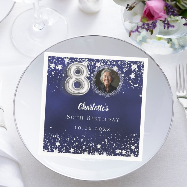 80th birthday navy blue silver stars photo napkin (Creator Uploaded)
