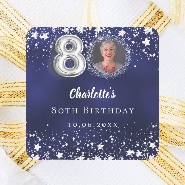 80th birthday navy blue silver stars photo square sticker (Creator Uploaded)