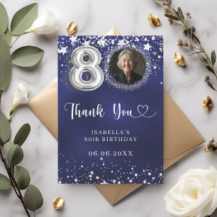 80th birthday navy blue silver stars photo thank you card