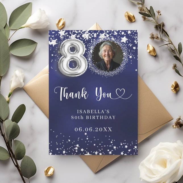80th birthday navy blue silver stars photo thank you card (Creator Uploaded)
