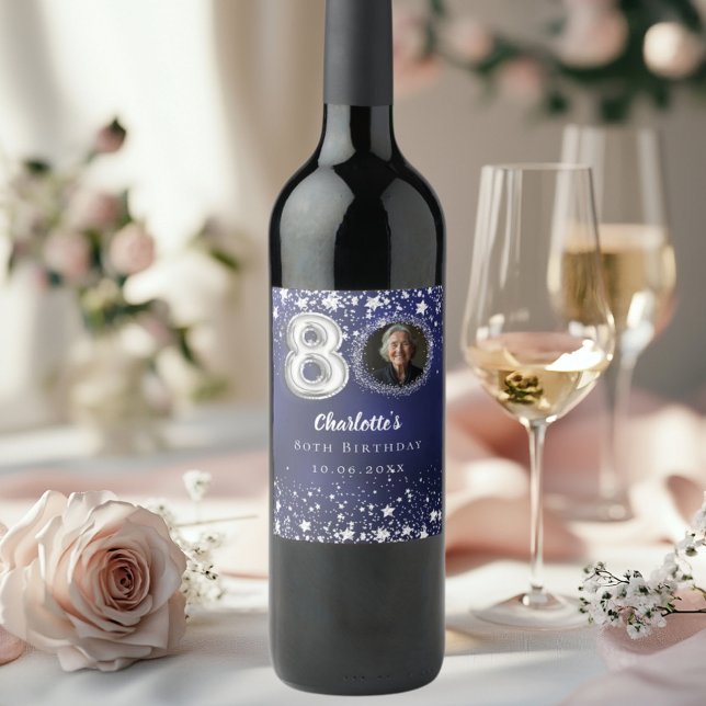 80th birthday navy blue silver stars photo wine label (Creator Uploaded)