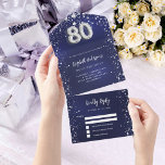 80th Birthday navy blue silver stars rsvp All In One Invitation<br><div class="desc">A navy blue background,  decorated with stars. The blue colour is uneven.  Personalise and add name,  party details,  RSVP date,  return address and name.  Number 80 is written with a balloon style font.</div>