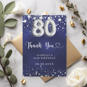 80th birthday navy blue silver stars thank you card