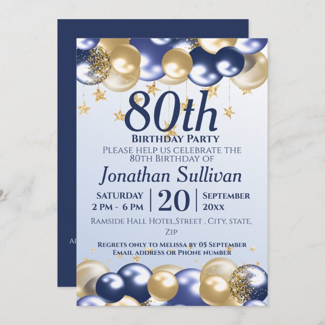 80th Birthday Navy Gold Balloons Party Invitation (Front/Back)