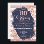 80th Birthday - Navy Rose Gold and White Stripes Invitation<br><div class="desc">80th Birthday Invitation.
Elegant rose gold white and navy design with faux glitter. Perfect for an elegant birthday party.</div>