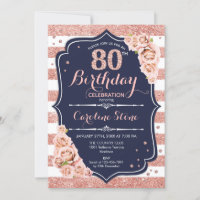 80th Birthday - Navy Rose Gold and White Stripes