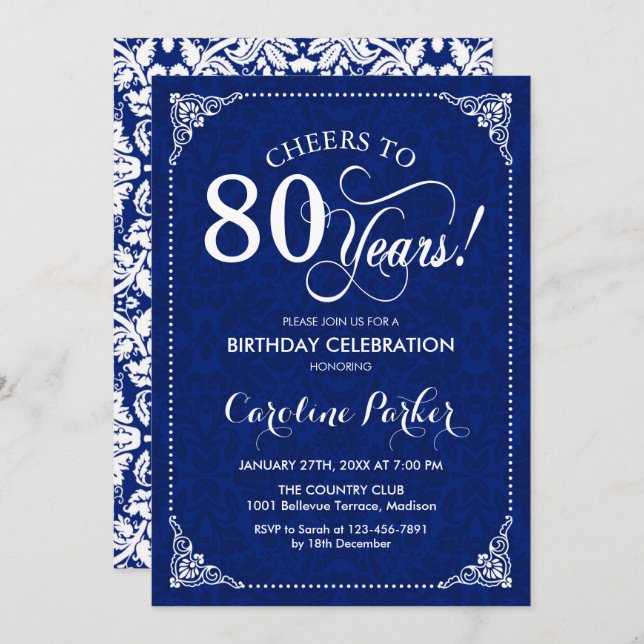 80th Birthday - Navy White Damask Invitation (Front/Back)