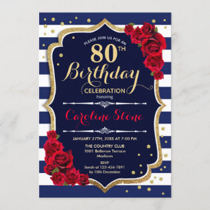 80th Birthday - Navy White Stripes and Red Roses Invitation