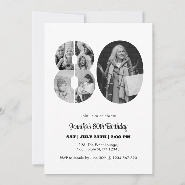 80th Birthday Number 80 Photo Collage Black White Invitation (Front)