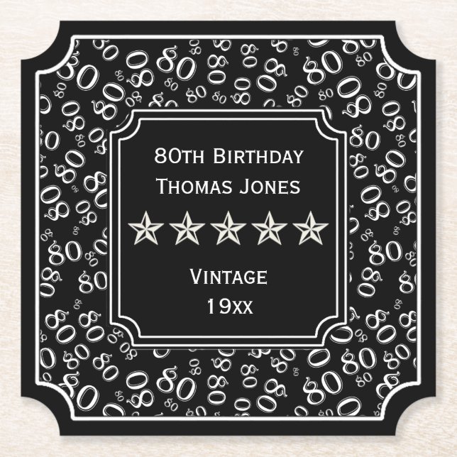 80th Birthday Number Pattern Black/White Paper Coaster (Front)