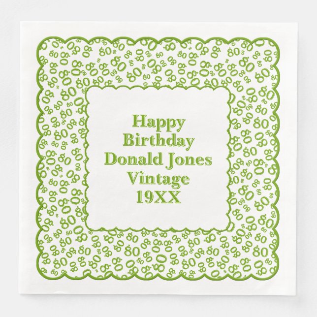 80th Birthday Number Pattern Scallops Green/White Napkin (Front)