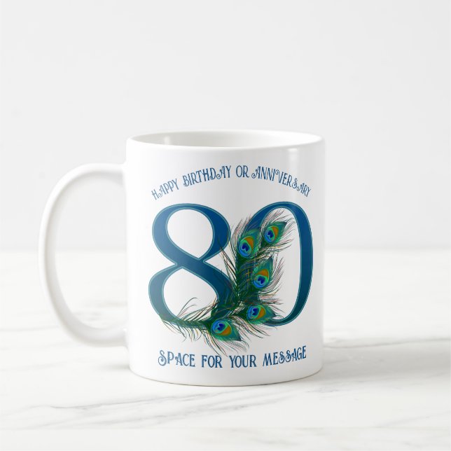 80th Birthday Or Anniversary Peacock Feather Coffee Mug (Left)