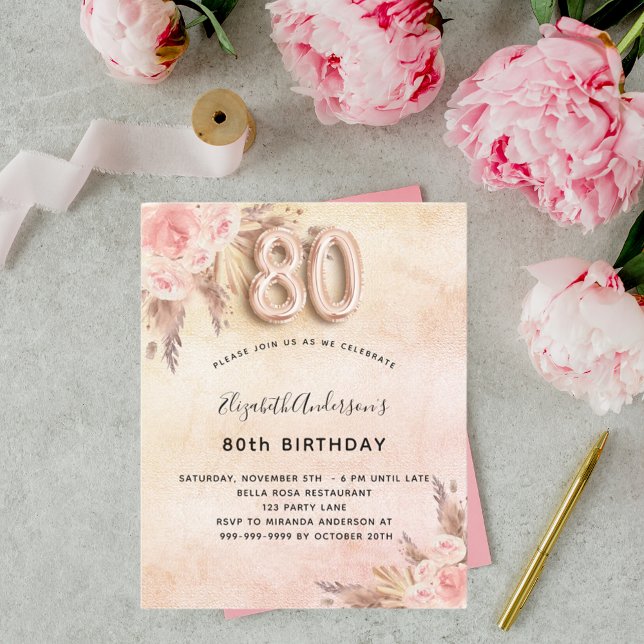 80th birthday pampas grass rose budget invitation flyer (Creator Uploaded)
