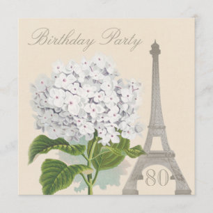 80th Birthday Paris Vintage White Hydrangea Flower Invitation