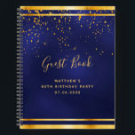 80th Birthday Party 80 dark blue gold guest book<br><div class="desc">A 80th Birthday Party informal Guest Book for him, boy, guy in dark blue, navy blue background. The blue colour is uneven. With a faux gold frame and golden confetti sprinkle, golden coloured letters. The title Guest Book is written with modern hand lettered style script. Template for a name, age...</div>
