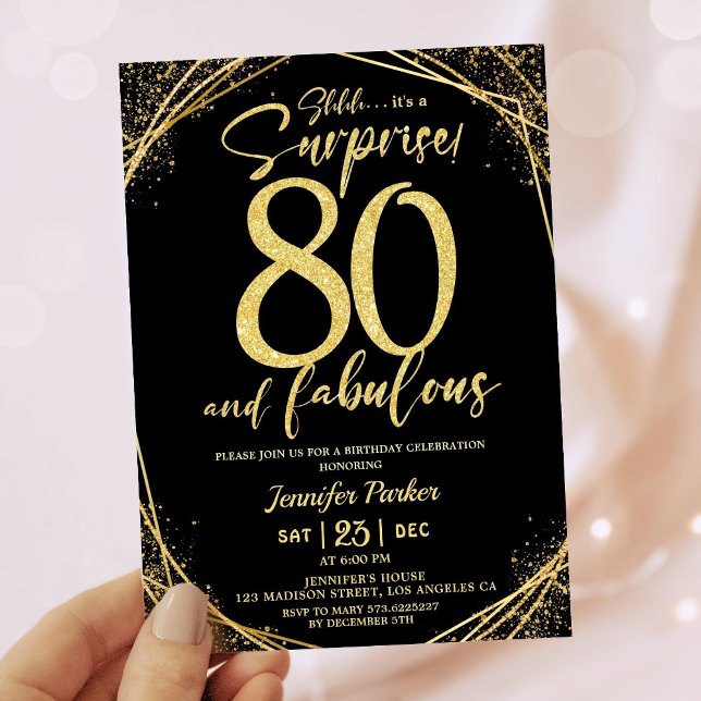 80th Birthday Party 80 Fabulous Black Gold Glitter Invitation (Creator Uploaded)
